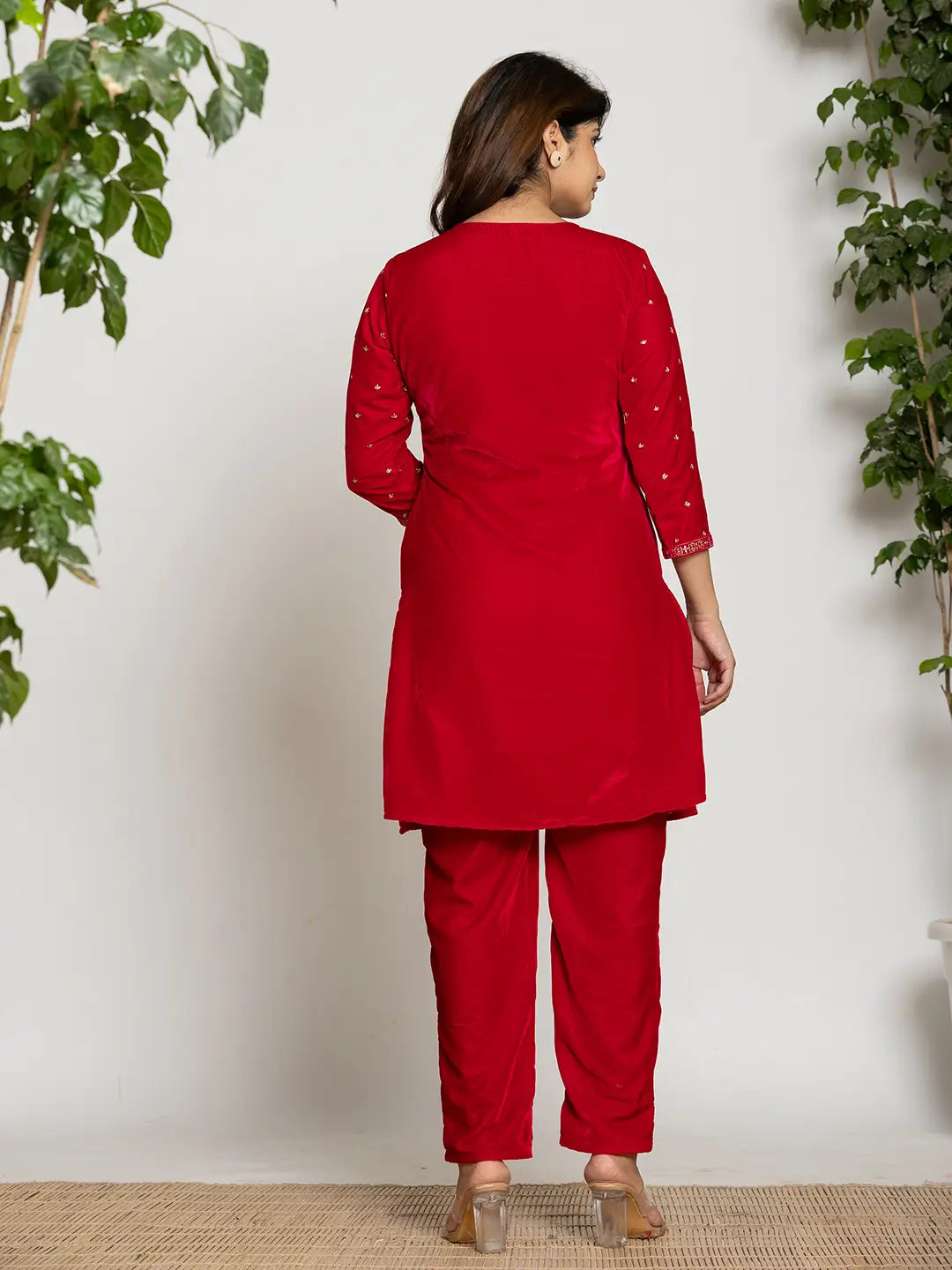 Yufta Pink Velvet Embroidered Co-Ord Set With Cotton Lining - Swadesiicart