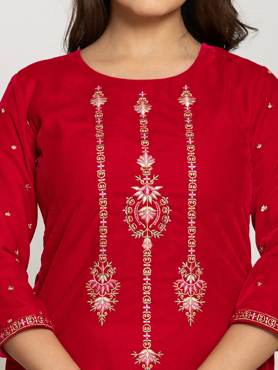 Yufta Pink Velvet Embroidered Co-Ord Set With Cotton Lining - Swadesiicart