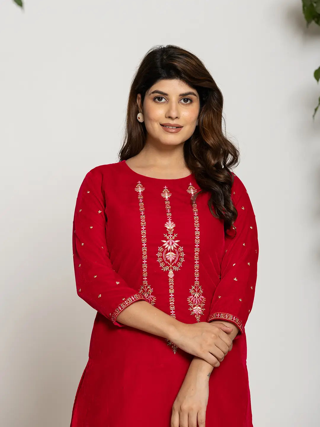 Yufta Pink Velvet Embroidered Co-Ord Set With Cotton Lining - Swadesiicart