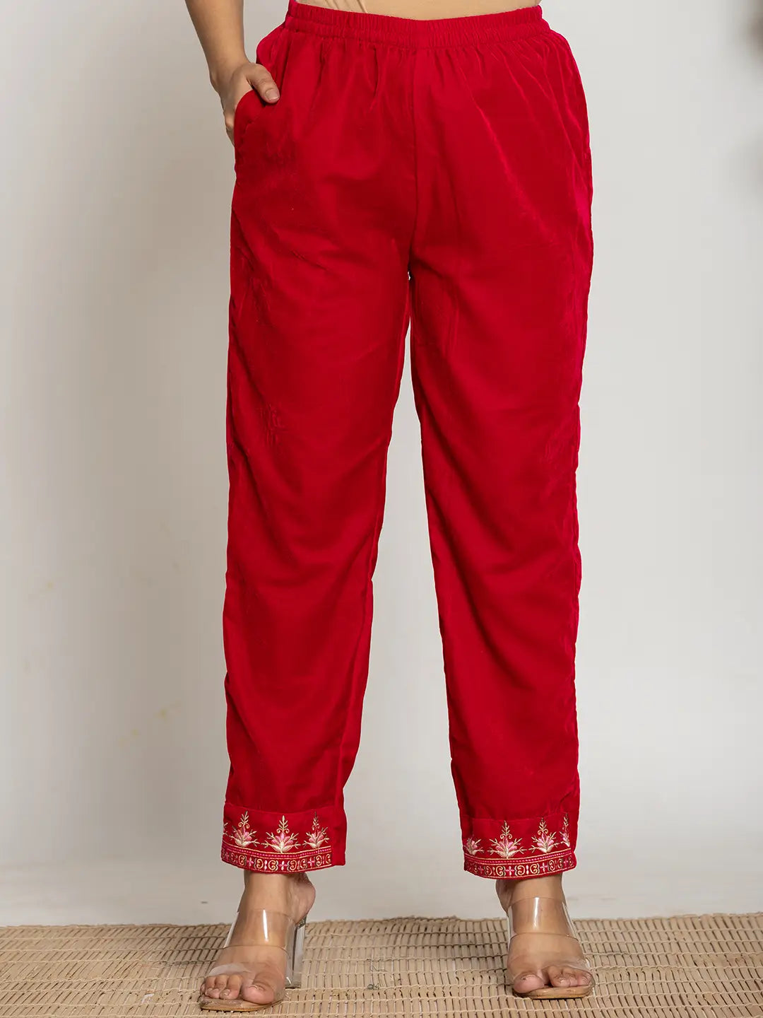 Yufta Pink Velvet Embroidered Co-Ord Set With Cotton Lining - Swadesiicart