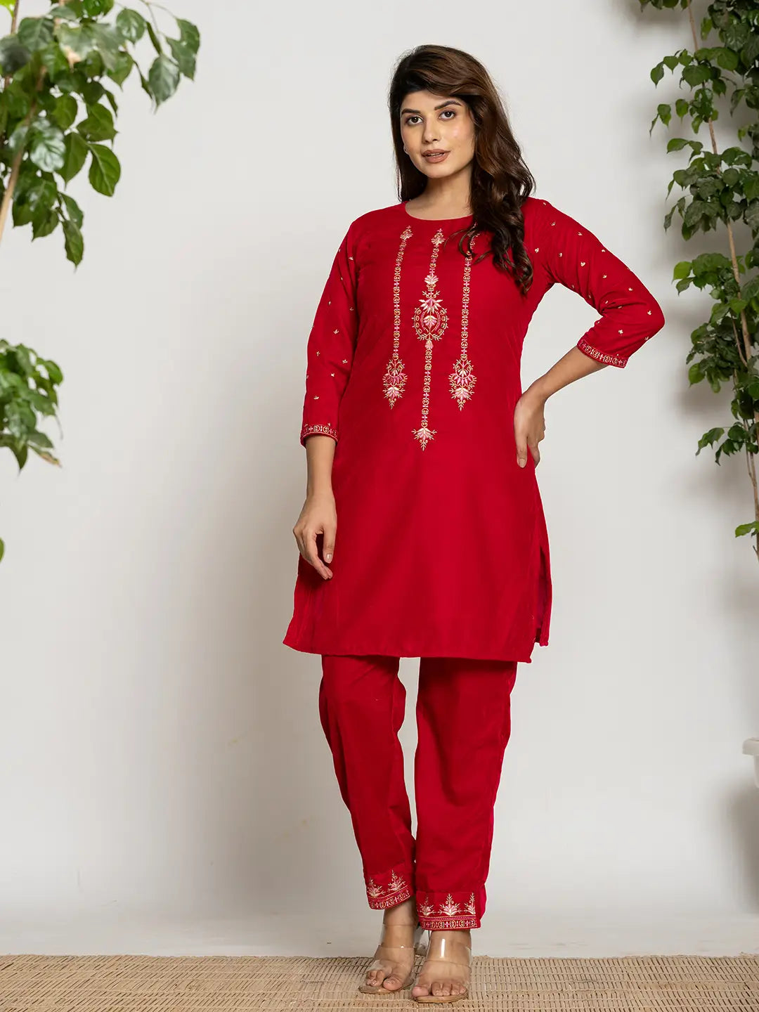 Yufta Pink Velvet Embroidered Co-Ord Set With Cotton Lining - Swadesiicart