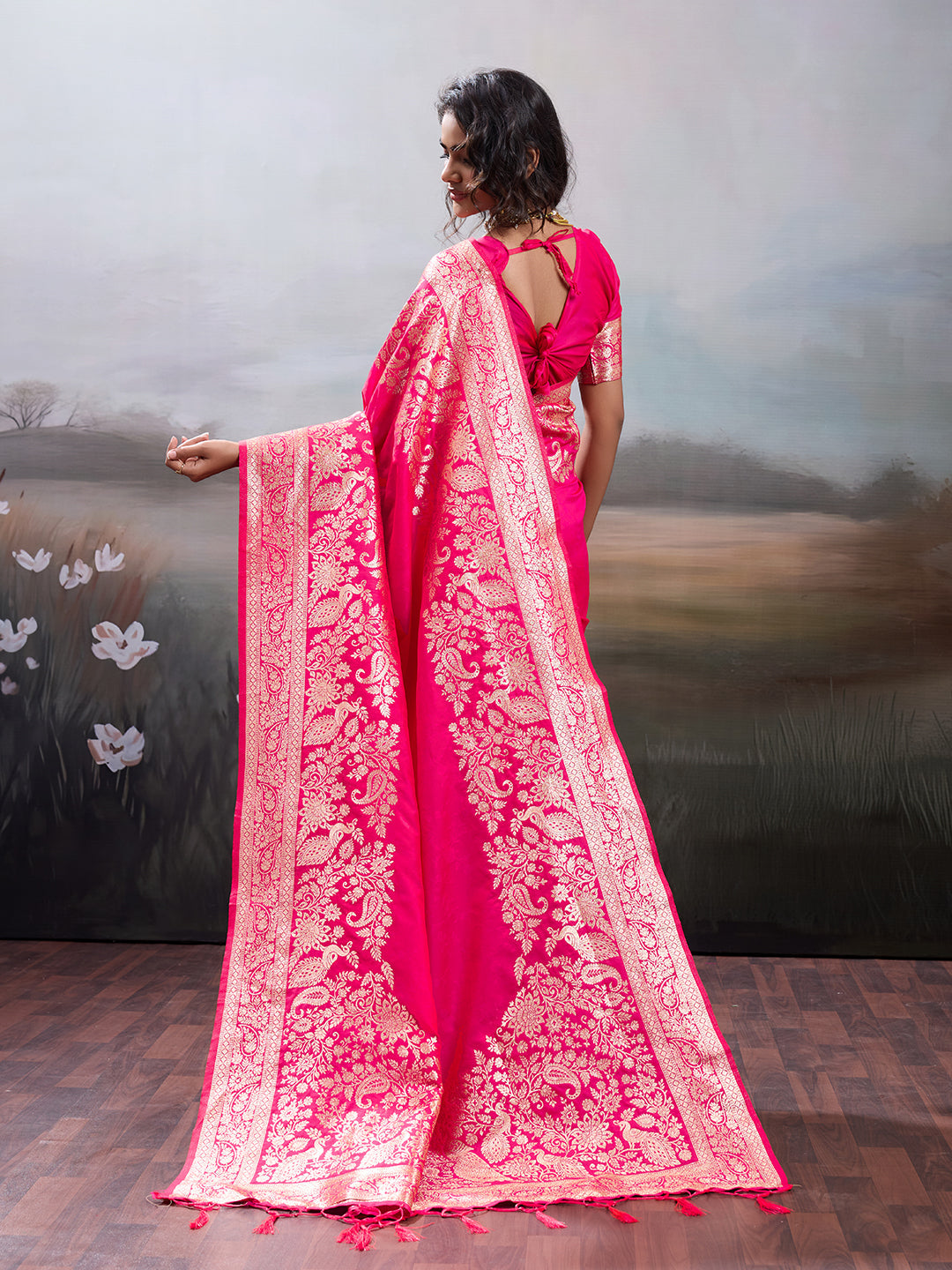 Anaita Pink Silk Blend Woven Saree With Blouse