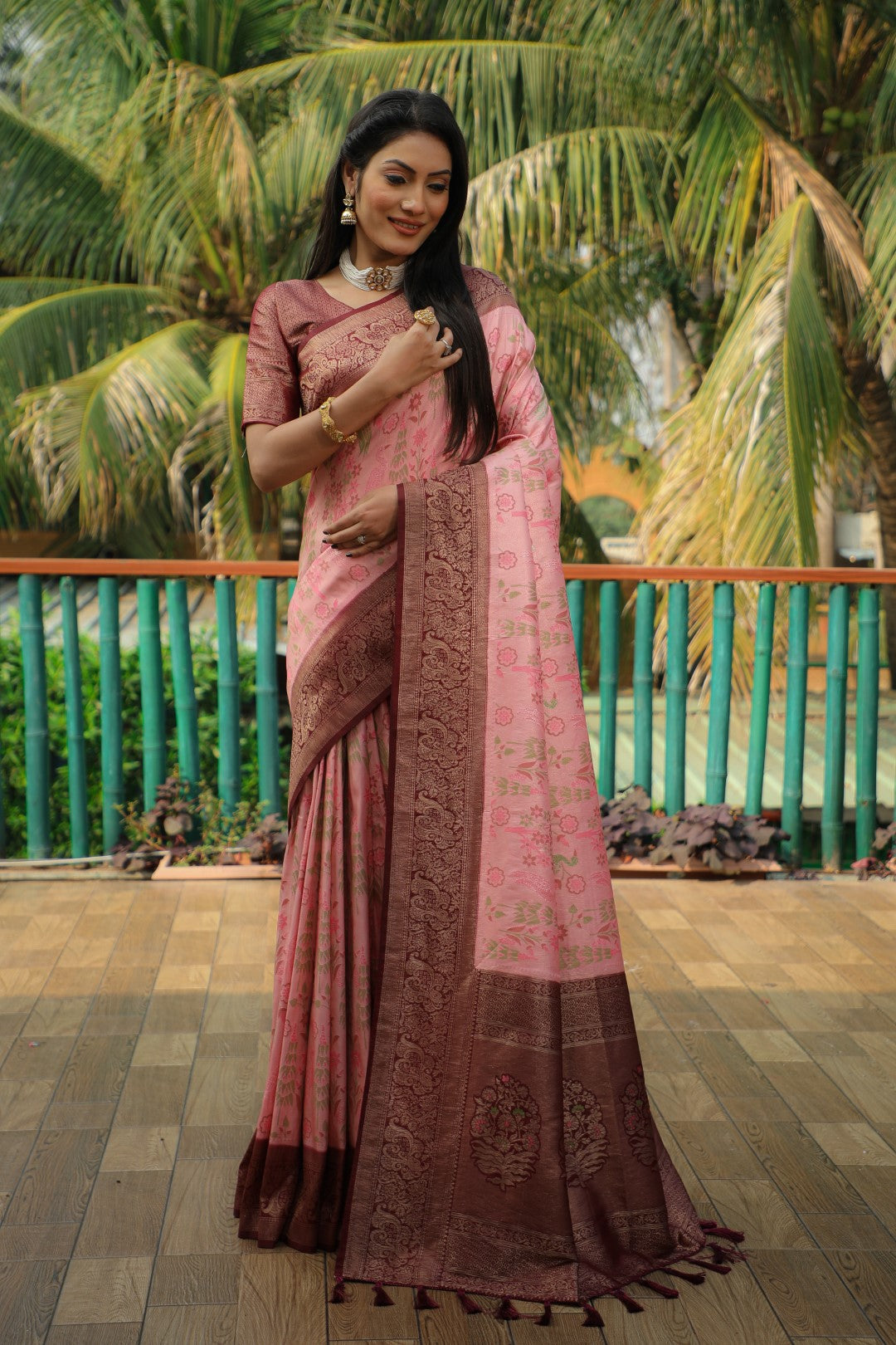 Anaita Pink Woven Design Pure Kanjivaram Soft Satin Silk Saree With Blouse