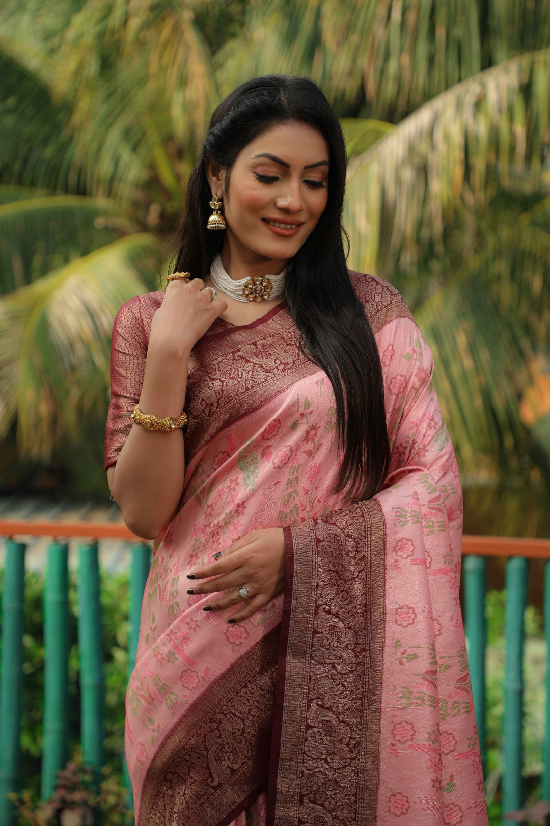 Anaita Pink Woven Design Pure Kanjivaram Soft Satin Silk Saree With Blouse