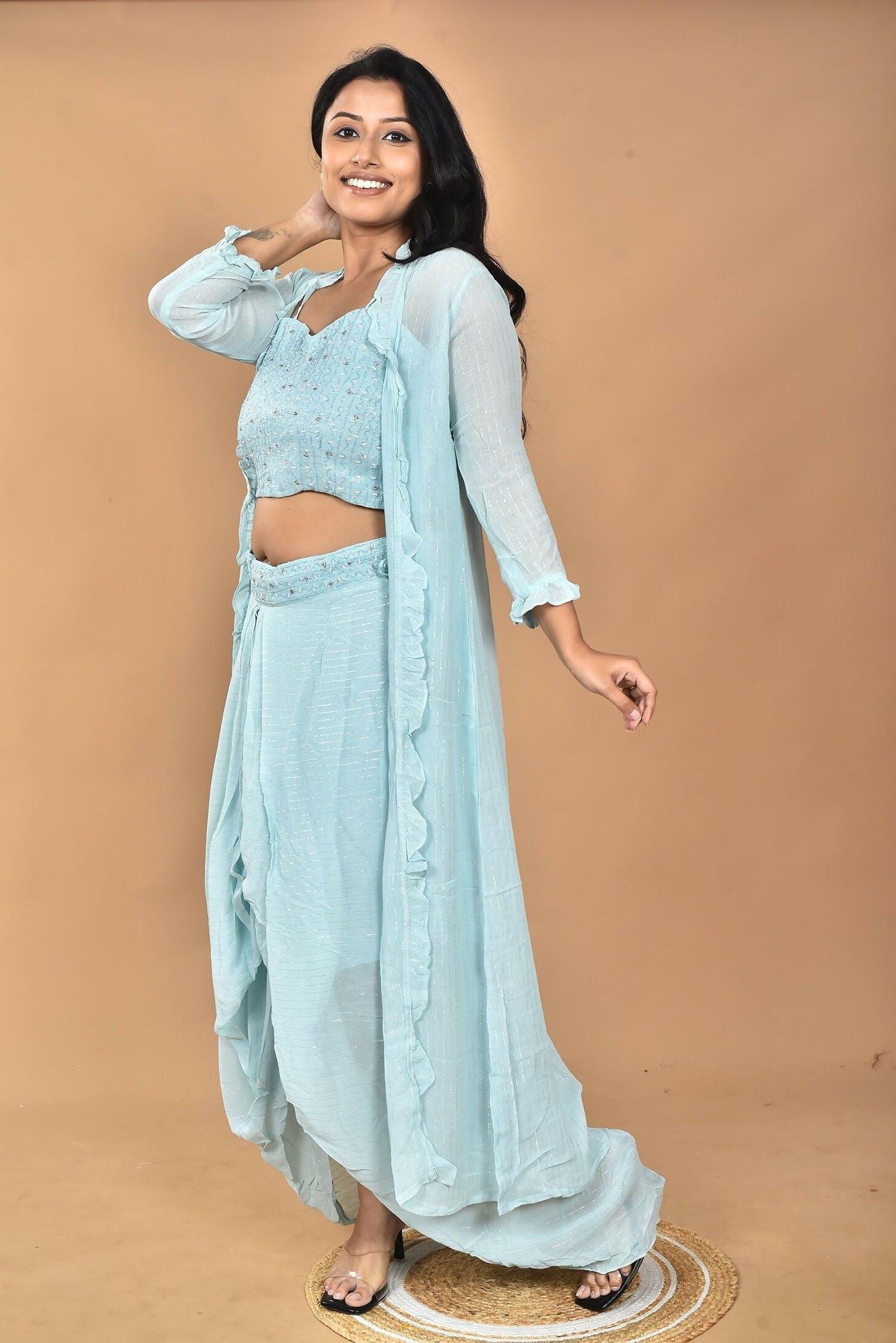 Morchari Women Hand Embroidery Crop Top-Sky - Swadesiicart