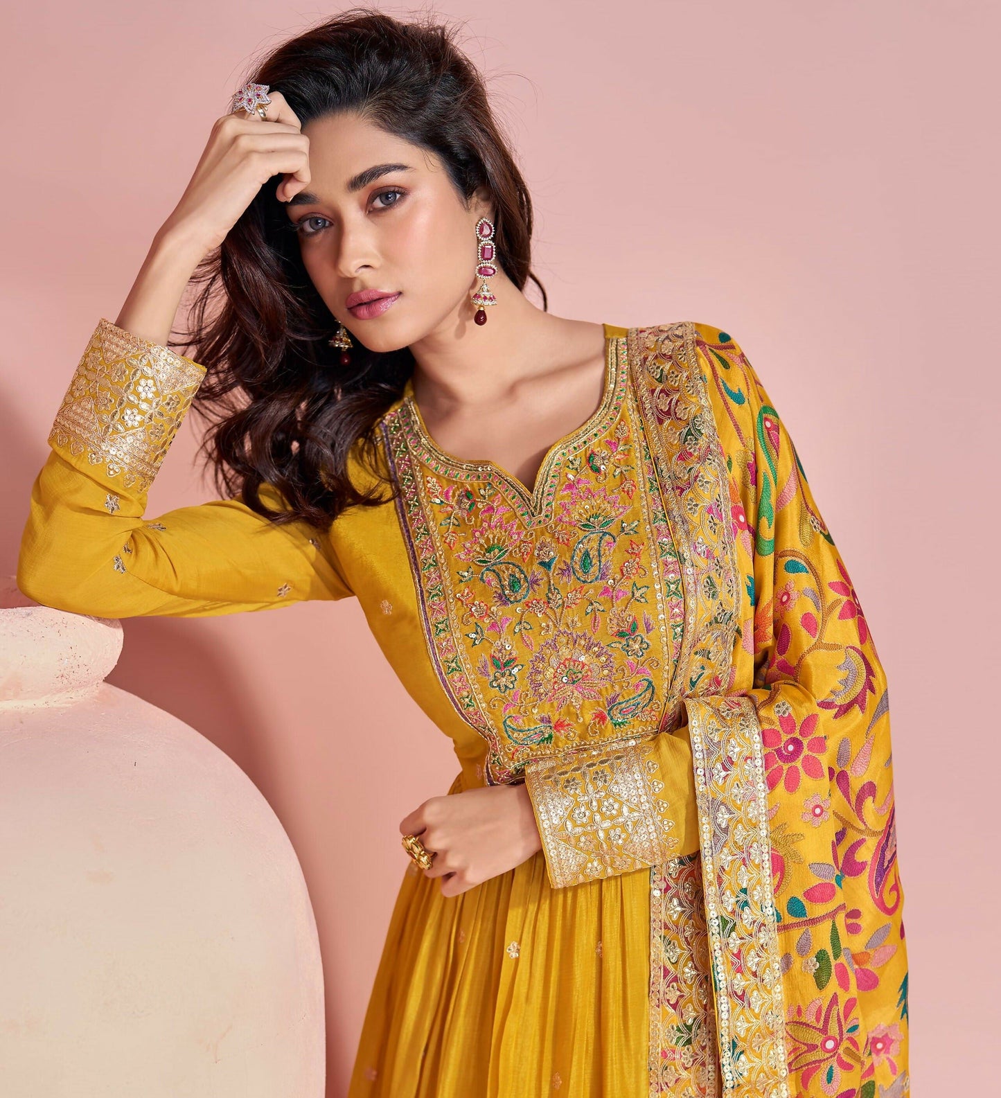 Anaita Yellow Embroidered Silk Anarkali Suits