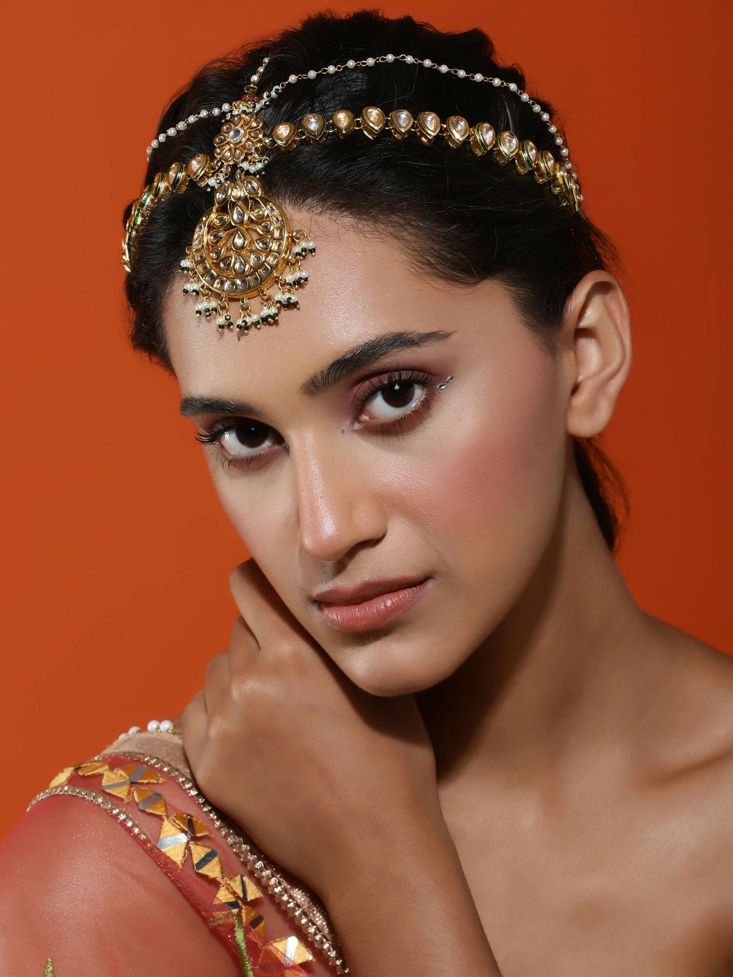 Women's Gold-Polished Kundan Mathapatti Head Jewellery - Ruby Raang | Swadesiicart