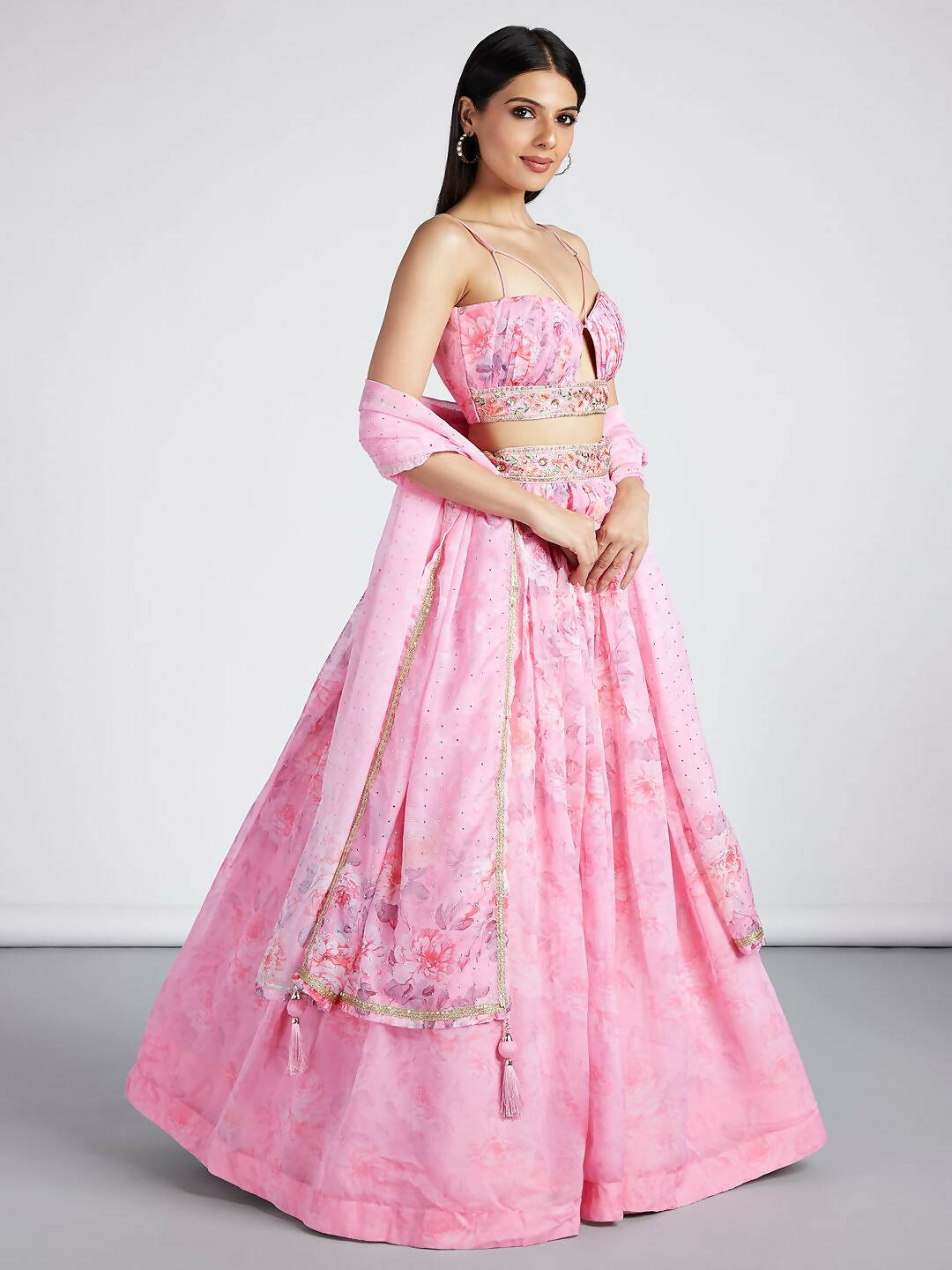 House of Panchhi Coral colour Organza Floral design digital print Semi-Stitched Lehenga choli & Dupatta | Swadesiicart