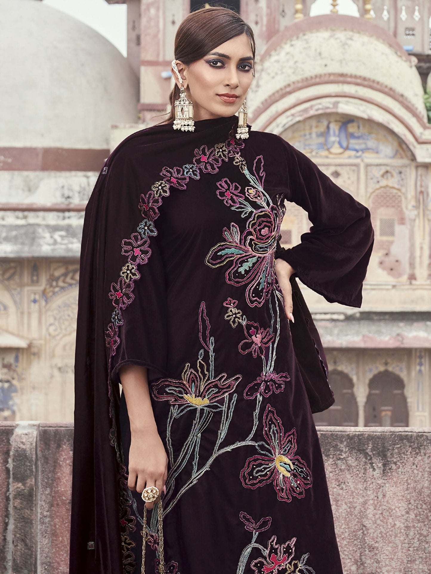 Jyoti Fashion Women's Wine Velvet Resham Thread with Jari & Sequin Kurta with Trouser & Dupatta | Swadesiicart
