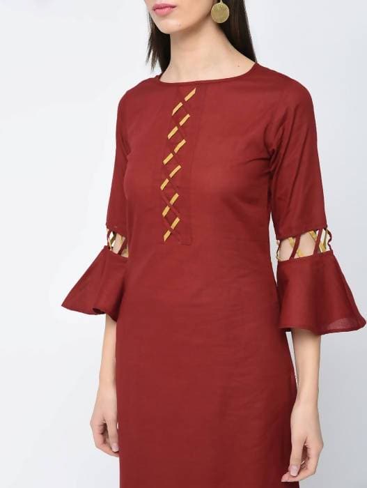 Aniyah Cotton Criss Cross Bell Sleeves Straight Kurta In Maroon (AN-101B) - Swadesiicart