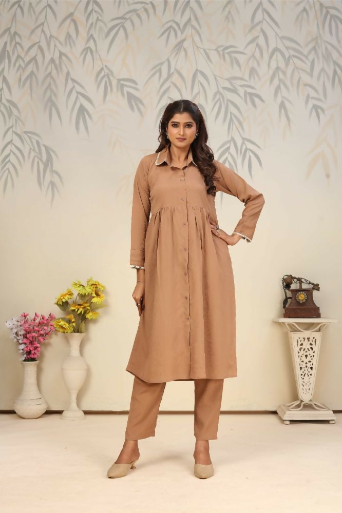 Jyoti Fashion Women's Beige Rinkal Cotton Plain with Side Pocket Kurtis & Sets | Swadesiicart