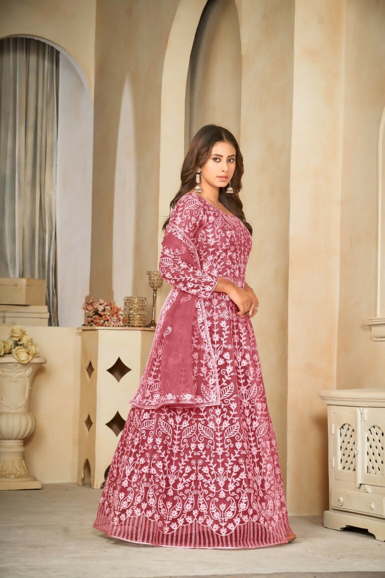 Jyoti Fashion Women's Gajri Net Embroidered Anarkali Kurta Pant Set With Dupatta | Swadesiicart