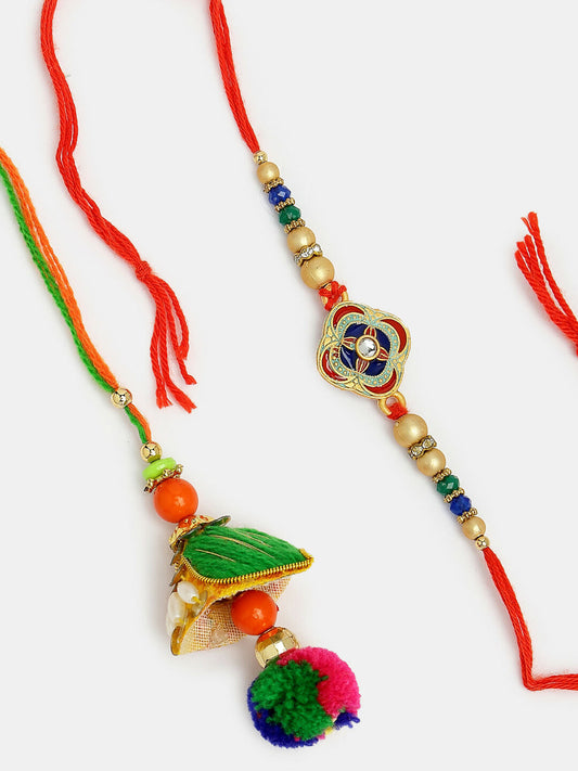 NVR Women & Men Set of 2 Multicolor Beaded Bhaiya Bhabhi Rakhi With Roli Chawal | Swadesiicart