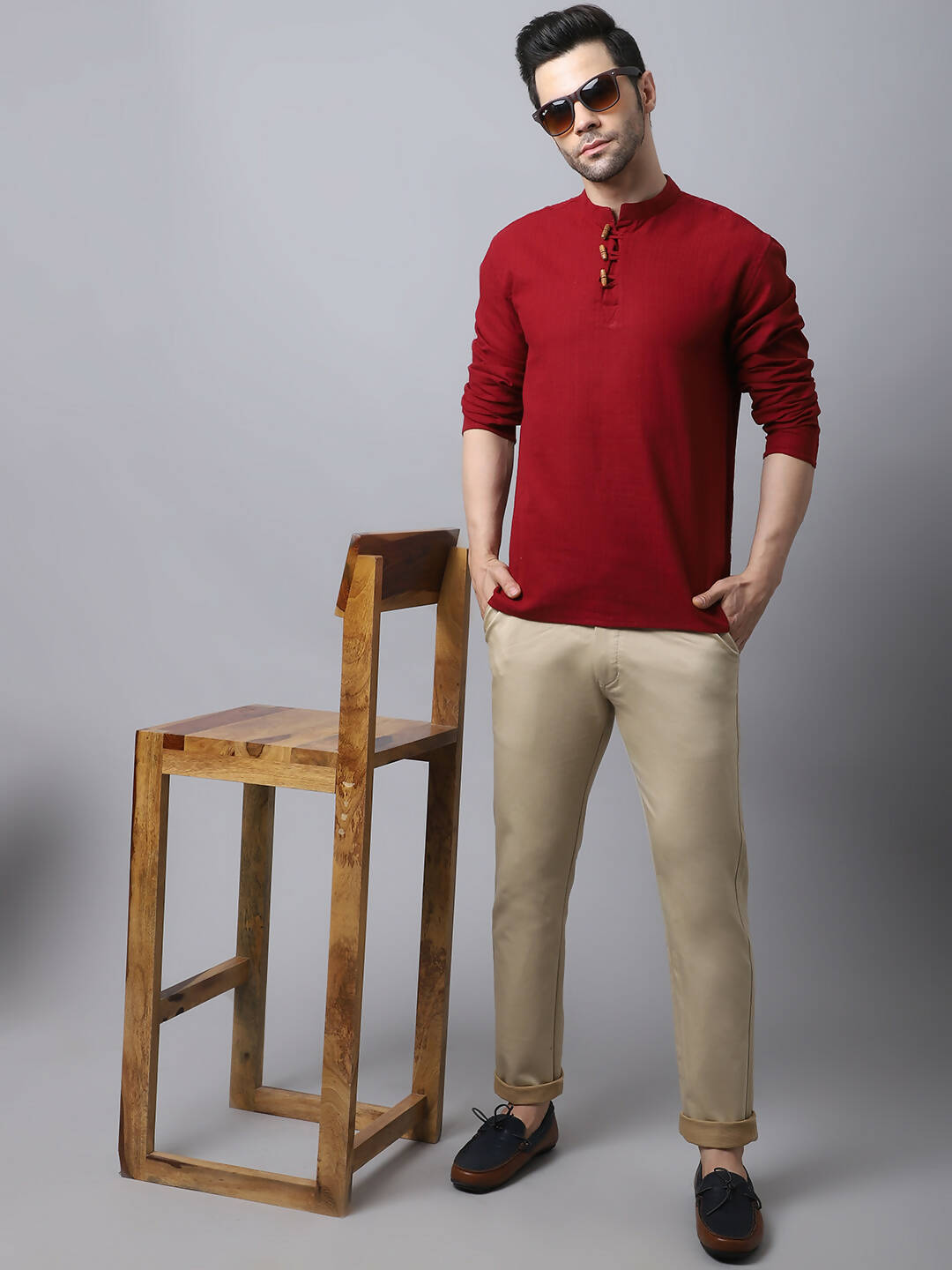 Even Apparels Maroon Pure Cotton Men's Kurta With Band Collar | Swadesiicart
