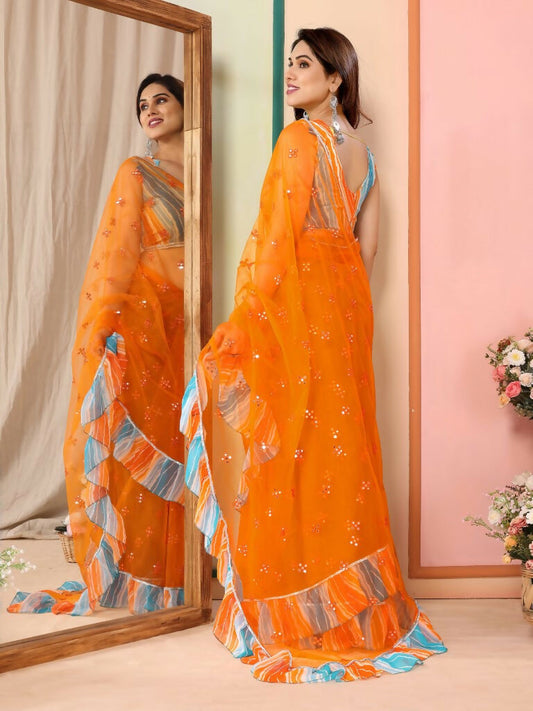 Partywear Designer Orange Net Fancy Saree - Dyuti | Swadesiicart