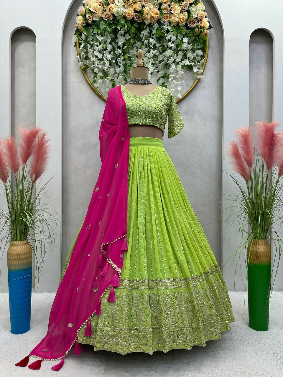 Jyoti Fashion Women's Green Faux Georgette Sequins with Thread Embroidered Designer Lehenga Choli Set | Swadesiicart