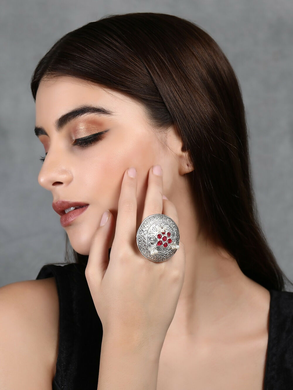 Joban Fashion Women Red Stone Silver Tone Ring | Swadesiicart