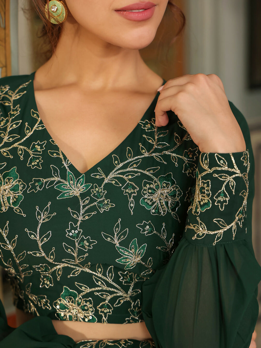 Janasya Dark Green Georgette Embroidered Top & Skirt | Swadesiicart