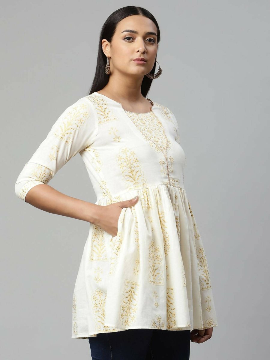 Ahalyaa Women Off White Beautiful Pure Cotton Printed Tunic | Swadesiicart