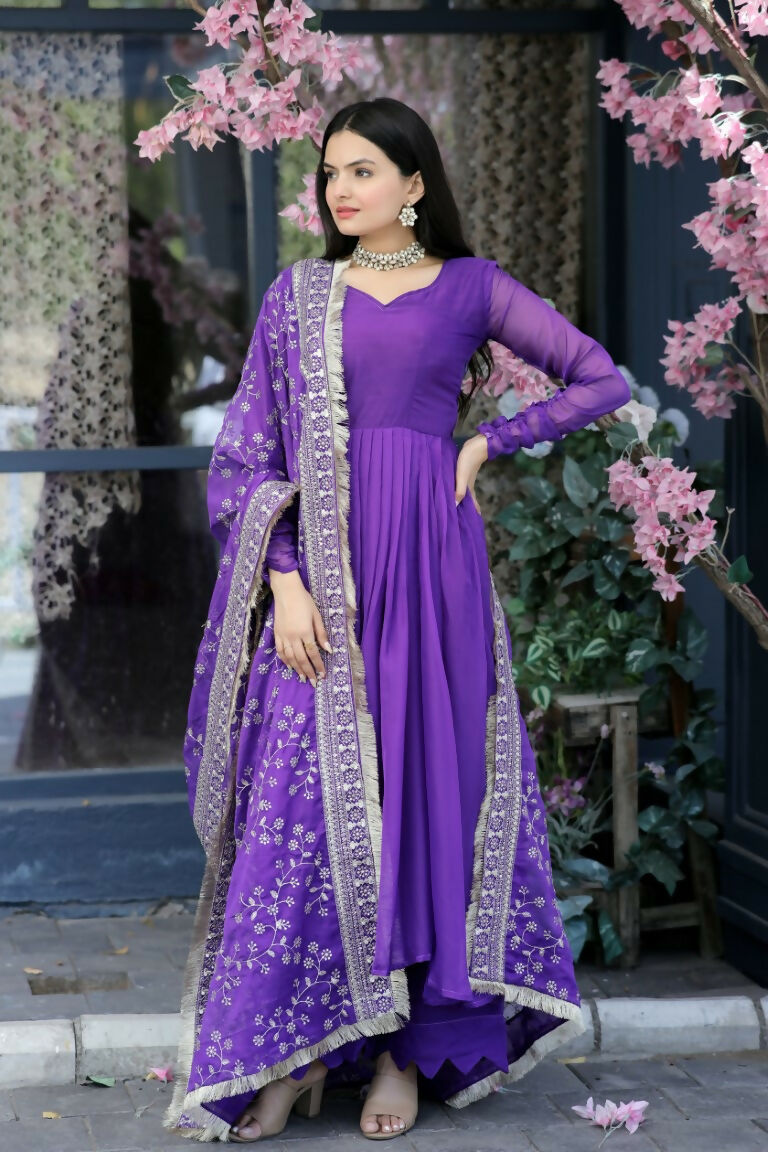 Jyoti Fashion Women's Purple Tabby Silk Designer Kurta with Trouser & Dupatta | Swadesiicart