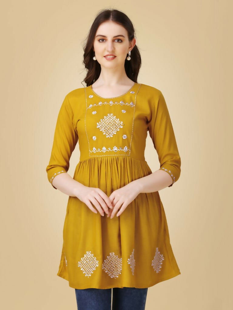 Jyoti Fashion Women's Mustard Viscose Rayon Embroidered Casual Top | Swadesiicart