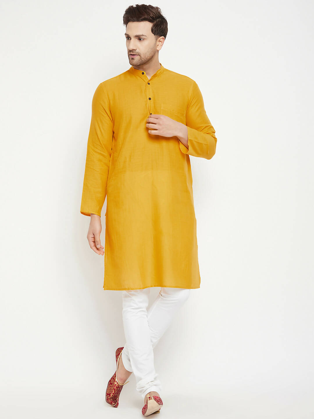 Even Apparels Yellow Pure Cotton Long Men's Kurta With Band Collar | Swadesiicart