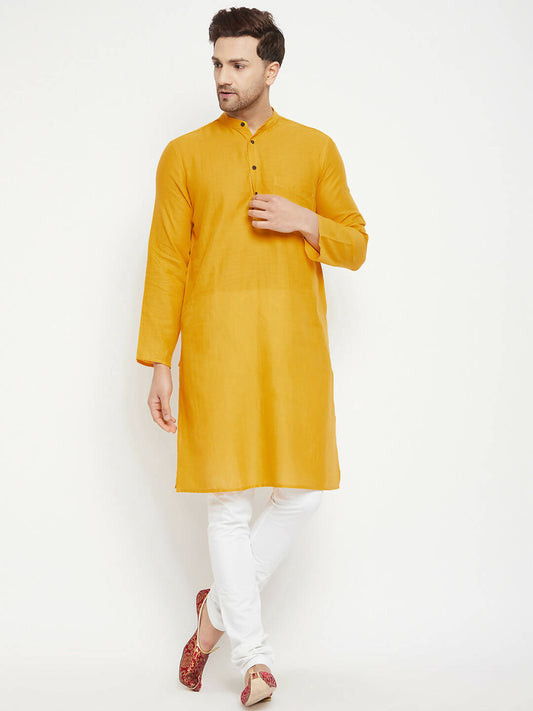 Even Apparels Yellow Pure Cotton Long Men's Kurta With Band Collar | Swadesiicart