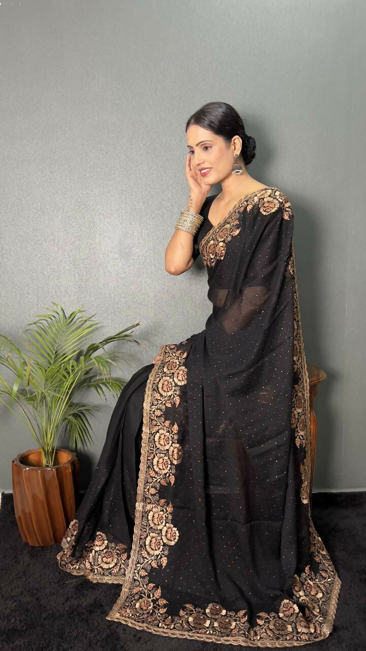 Vastranavya Black Rangoli Silk Zari work with DMC Swarovski work Ready to Wear Saree | Swadesiicart