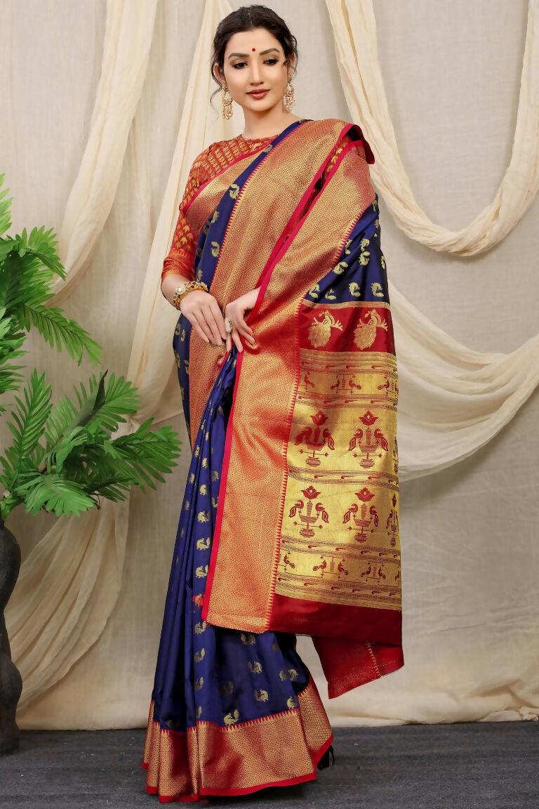 Jyoti Fashion Women's Navy Blue Banarasi Silk Zari Woven Saree with Blouse | Swadesiicart