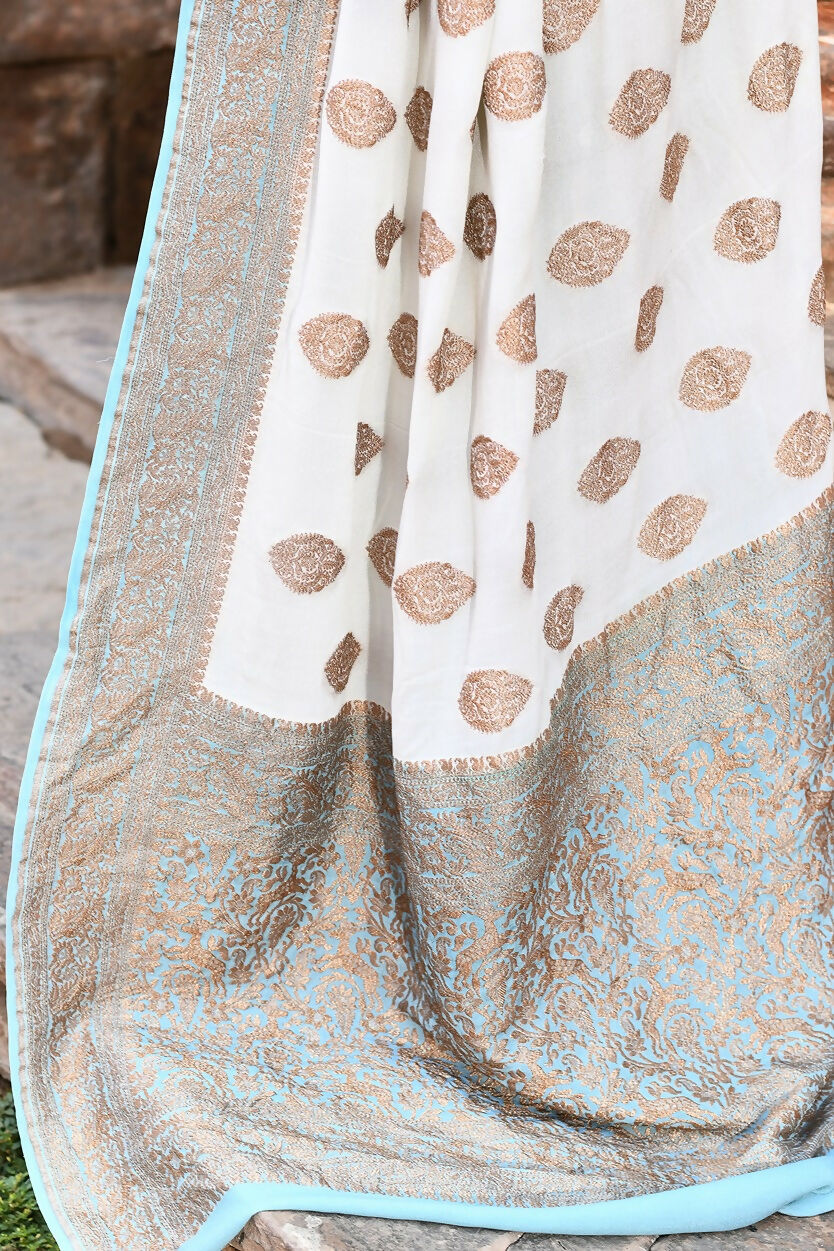 Joban Fashion Light Sky Blue Crepe Chiffon Pure Handloom Banarasi Silk Saree | Swadesiicart