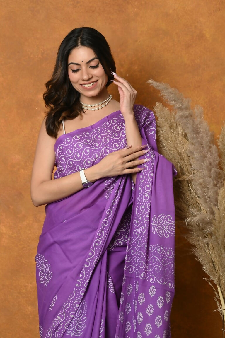 Very Much Indian Handblock Printed Cotton Saree With Natural Dyes - Purple | Swadesiicart