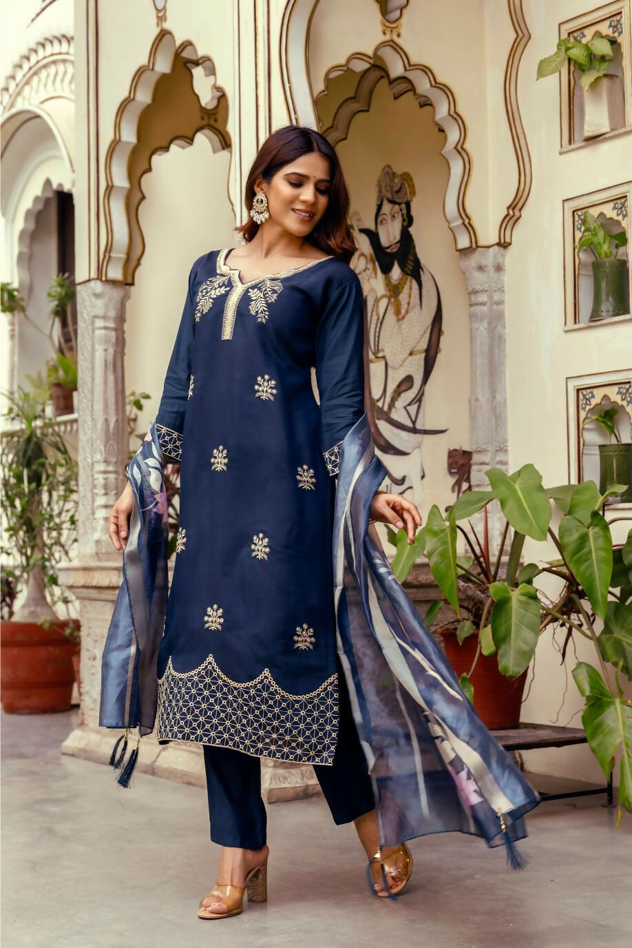 The52 Navy Blue Women's Beautiful Viscose Chanderi Fabric Thread Work Straight Kurta Pant and Dupatta Set - Swadesiicart