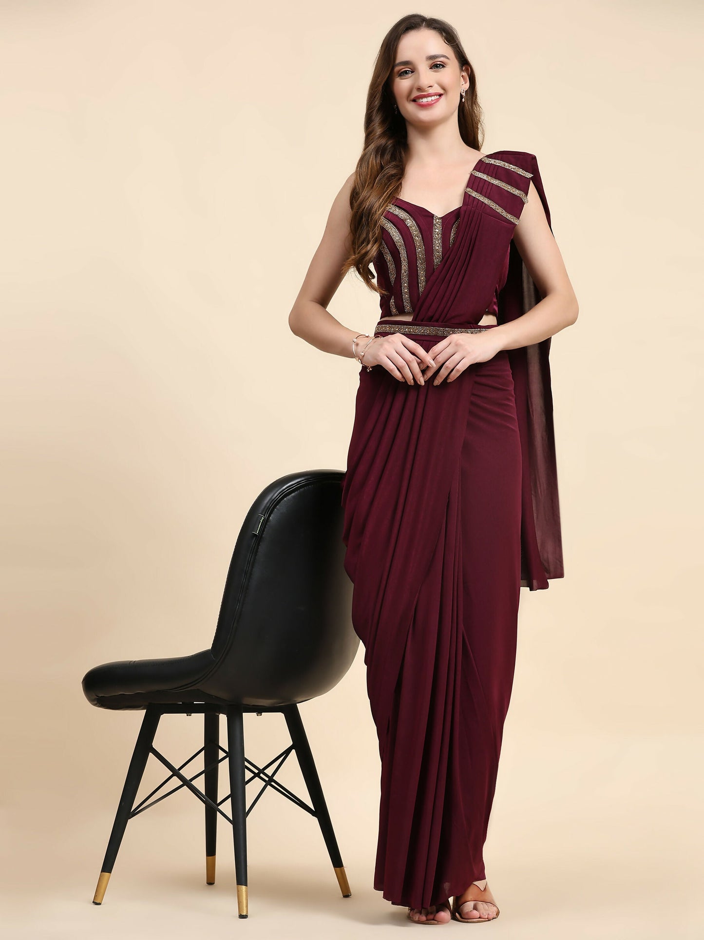 Maroon Polyester Solid Ready to Wear Saree with stitched Blouse - Nita | Swadesiicart
