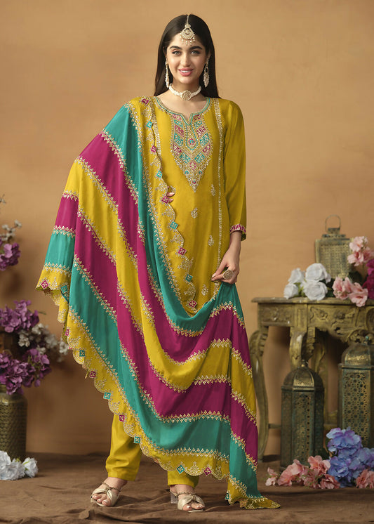 Chinnon Silk Yellow Salwar Suit with Multicolor Dupatta - Emponline | Swadesiicart