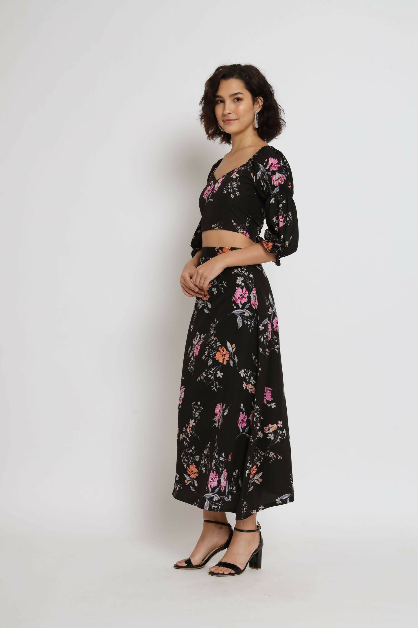 Black Crepe Floral Printed Top with Matching Skirt - Shivani
