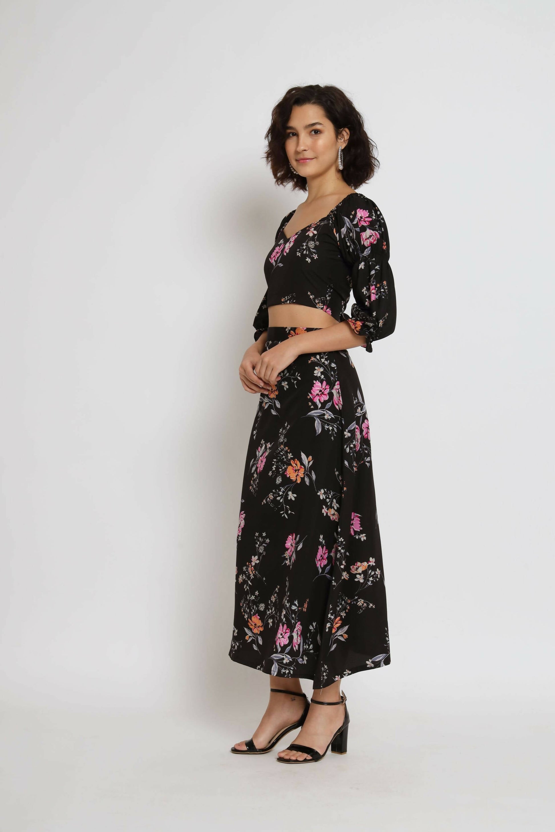 Black Crepe Floral Printed Top with Matching Skirt - Shivani