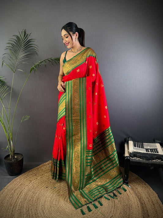Joban Fashion Banarasi Red Woven Soft Silk Saree | Swadesiicart