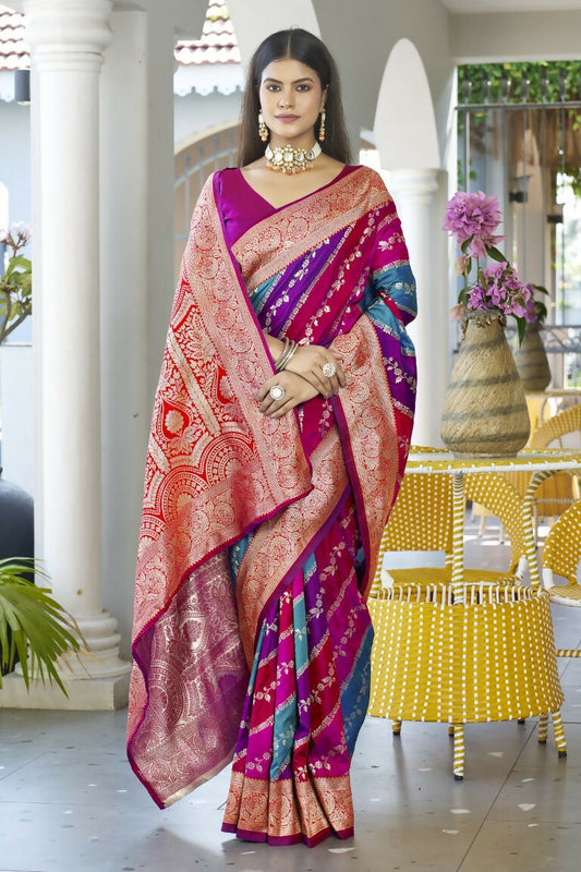Vishnu Weaves Women's Pink Banarasi Silk Zari Woven Saree with Blouse - Swadesiicart