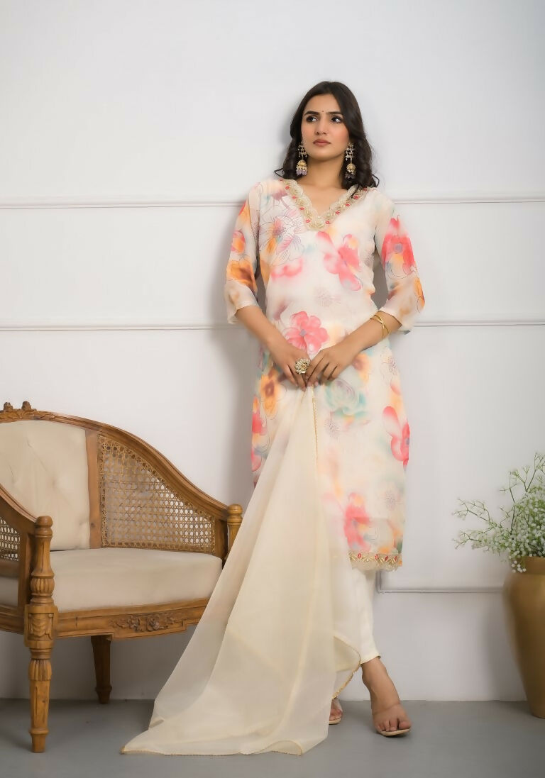 Festive Wear Ethnic Off White Premium Organza Stitched Suit With Dupatta - Tanisha | Swadesiicart