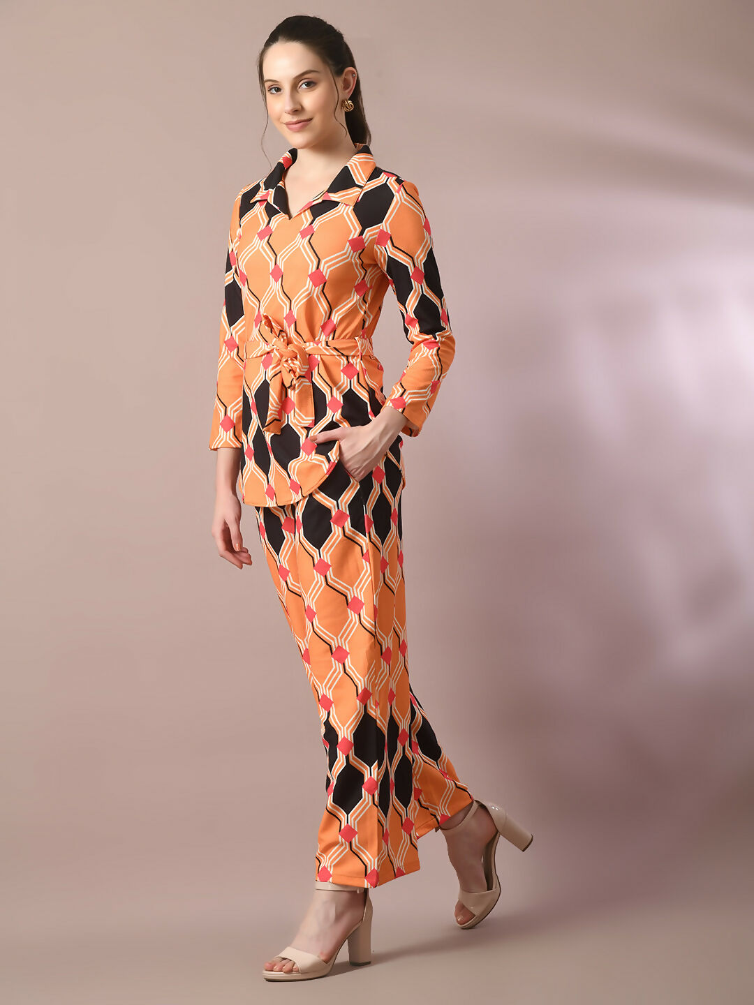 Myshka Women's Multi Printed Polo Collar Party Top With Trousers Co-ord set - Swadesiicart