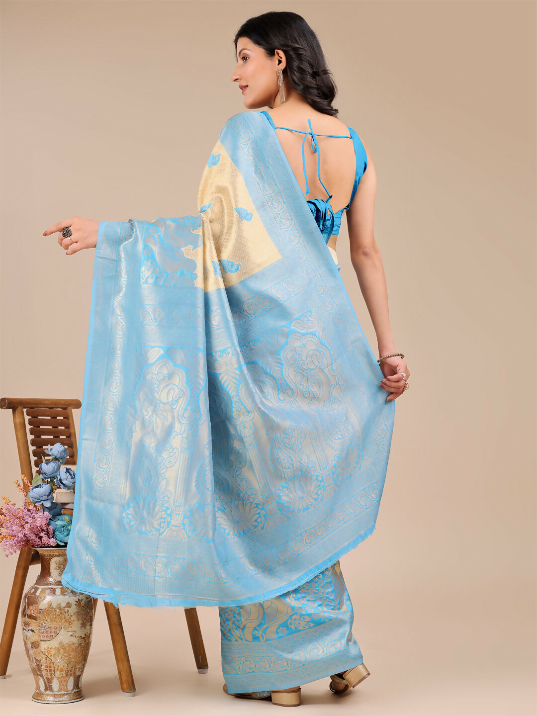 Astita Banarasi Silk Cream & Sky Blue Saree | Swadesiicart