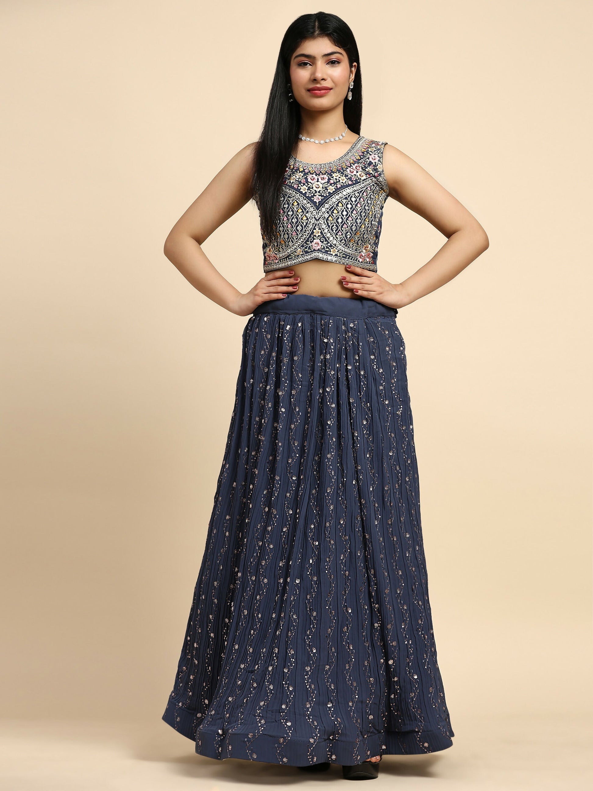 Dark Grey Georgette Embroidered Lehenga choli with Dupatta - Dhara | Swadesiicart