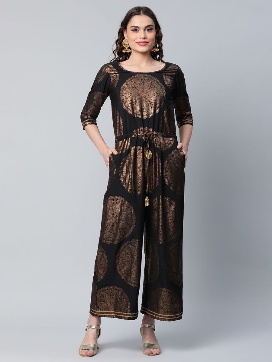 Ahalyaa Womens Black Crepe Copper Foil Printed Jumpsuit | Swadesiicart