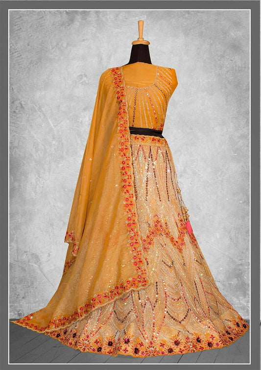 Mustard Net Embroidery & Thread Work Bridal lahenga Choli with Dupatta - Nimaya Pavitra Rista | Swadesiicart