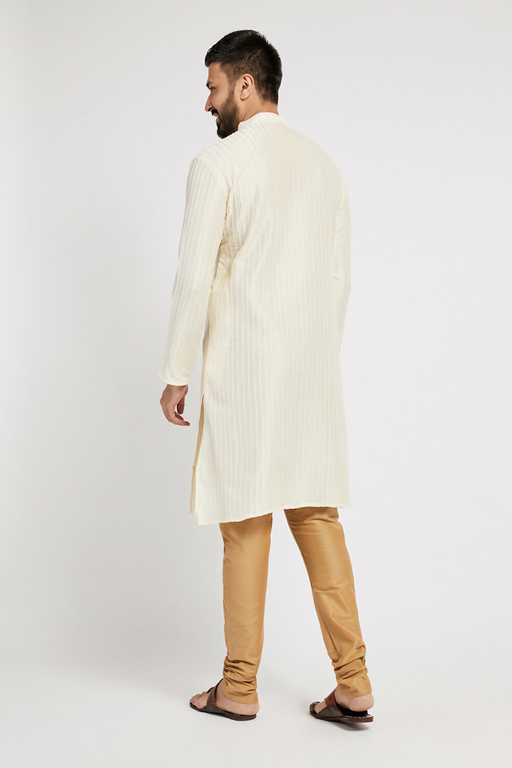 Ethnic India Cream Men's Kurta Striped Polyester | Swadesiicart