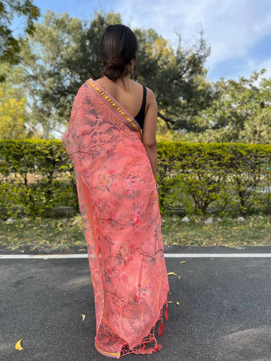 Vamsee Peach Organza Saree - Swadesiicart