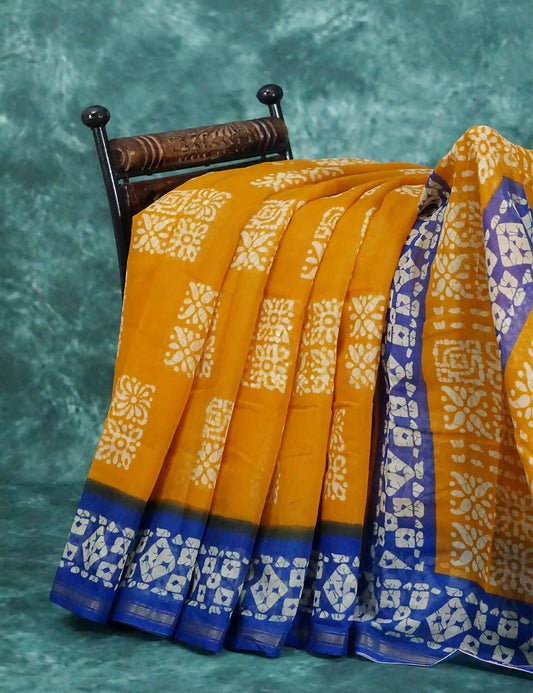 Yellow And Dark Ink Blue Colour Bathik Print Semi Chanderi Saree By Gayathri Reddy Designer Studio | Swadesiicart