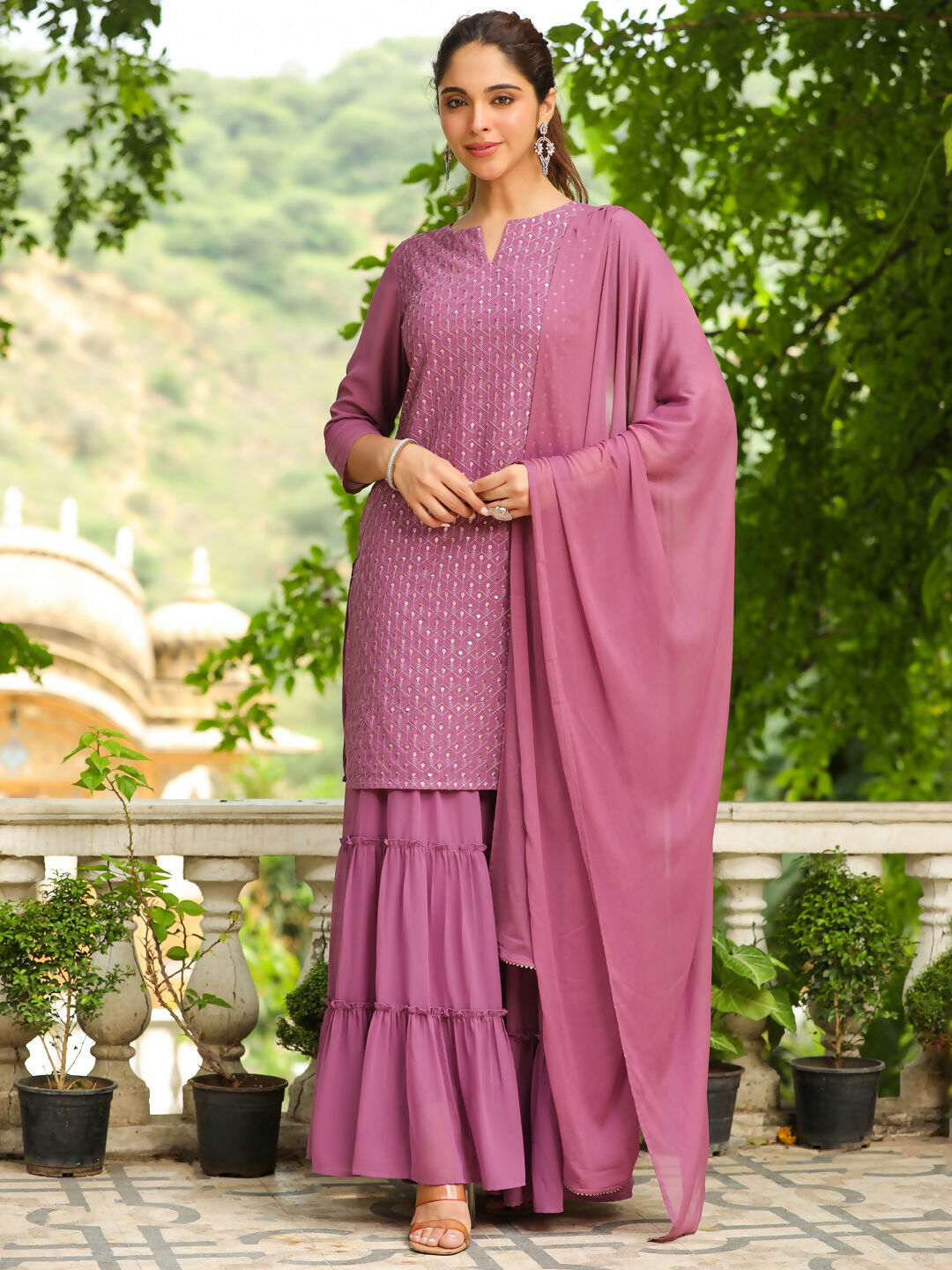 Janasya Lavender Georgette Embroidered Kurta,Bottom & Dupatta | Swadesiicart