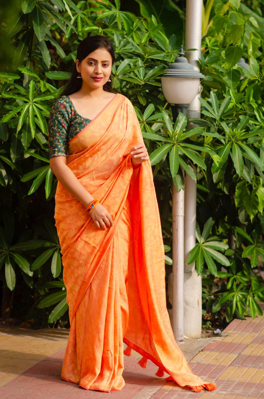 Saffron Jute Silk Woven Design Saree with Unstitched Blouse - Hiral Fashion | Swadesiicart