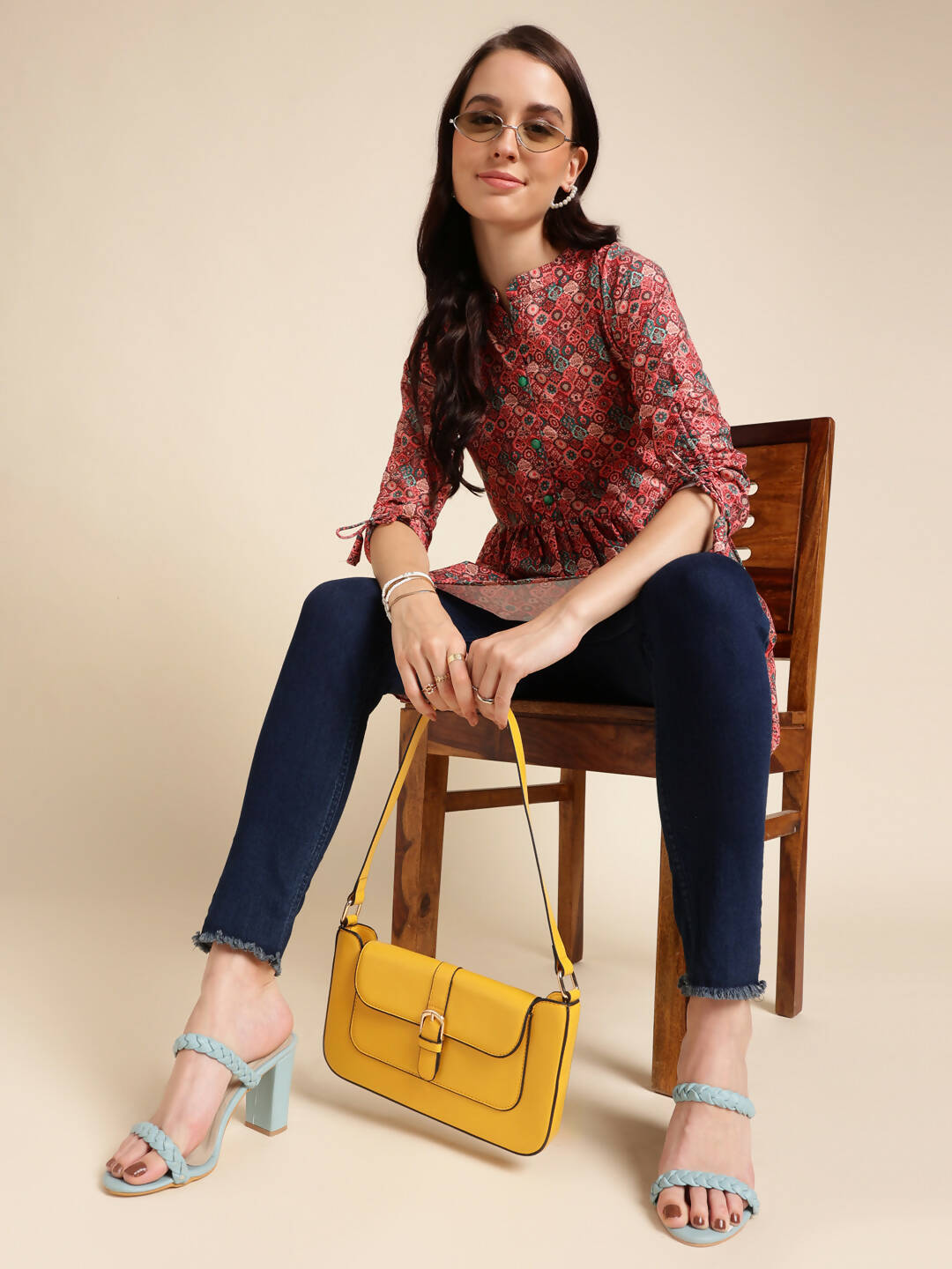 Red Poly Rayon Digital Printed A-line Top - Tarini - Swadesiicart